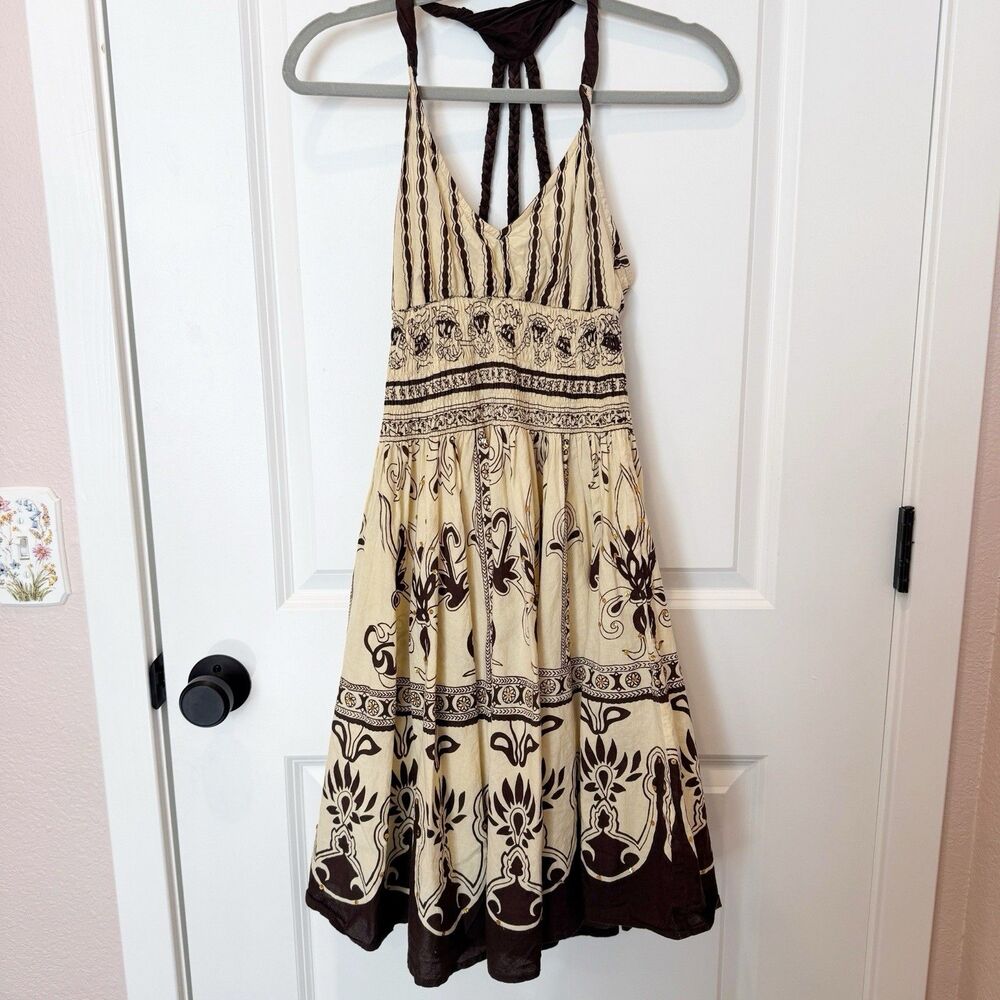 Vintage Y2K Boho Indie Halter Babydoll Dress Small Brown Forest Fairy Sequin 90s